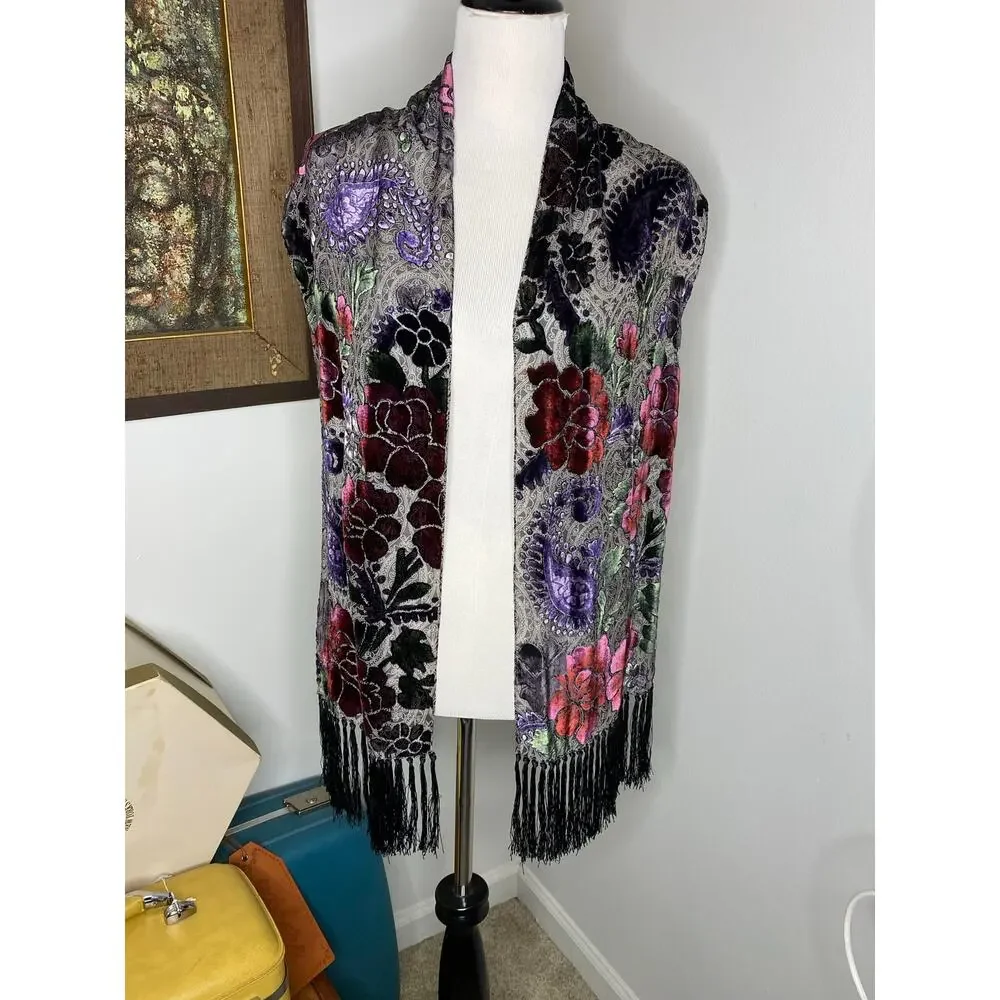 Floral Paisley Burnout Velvet Scarf Fringe Burgundy Purple Black 62”
